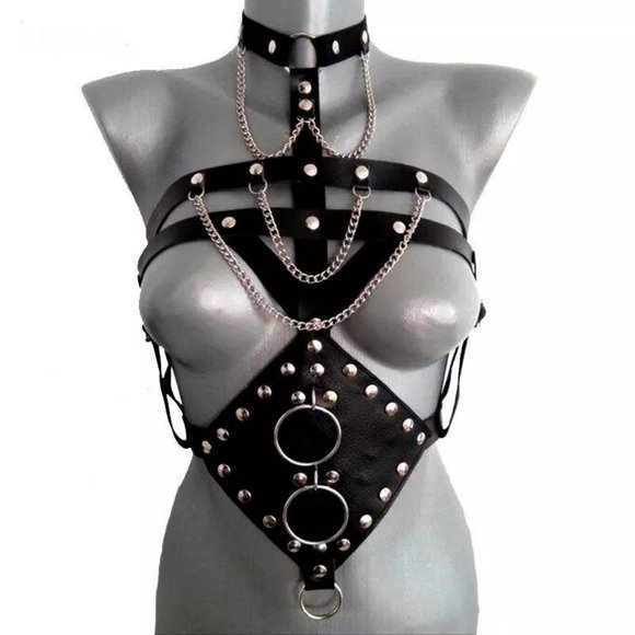 Locked Up PU Leather Chain Harness Top